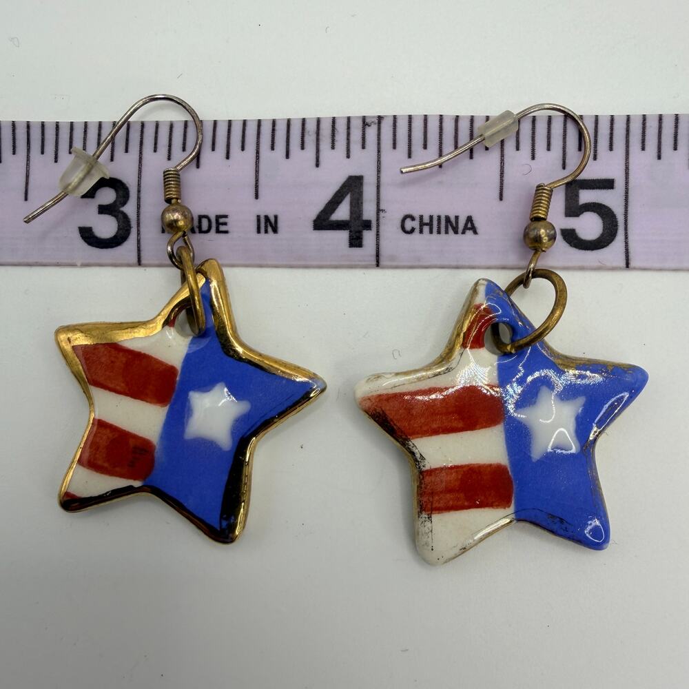 Patriotic star American flag USA July 4th hand painted porcelain earrings - Picture 3 of 6